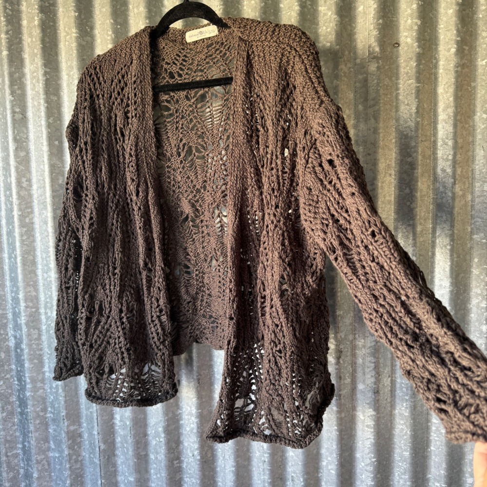 Natural Life Brown Crochet Knit Open Front Cardigan Boho Pointelle  L/XL - Picture 7 of 7